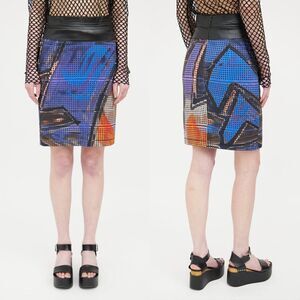 Akris Punto Perforated Faux Leather Midi Skirt in Blue Abstract Grafitti Print
